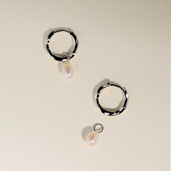 Scalloped Pearl Charm Huggies in Solid White Gold-Astrid &amp; Miyu