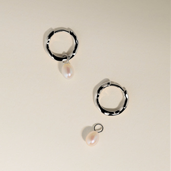 Scalloped Pearl Charm Huggies in Solid White Gold-Astrid &amp; Miyu