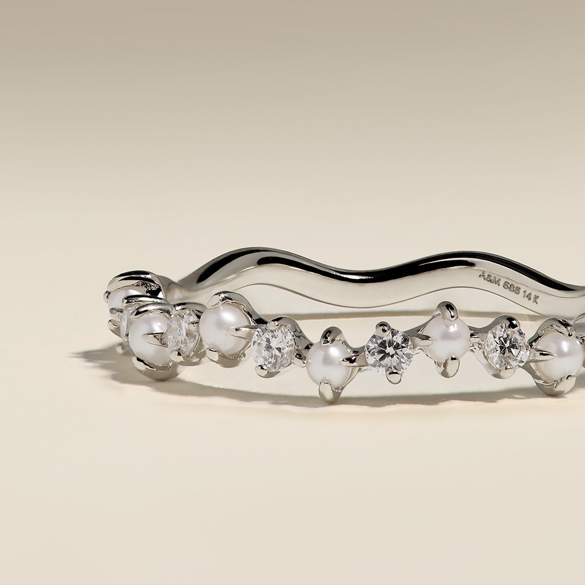 Diamond & Pearl Scalloped Ring in Solid White Gold-Astrid &amp; Miyu