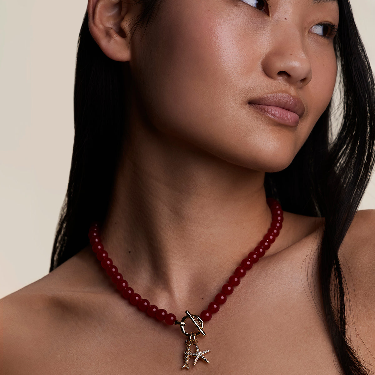 Sunset Red Beaded Necklace in Gold-Astrid &amp; Miyu
