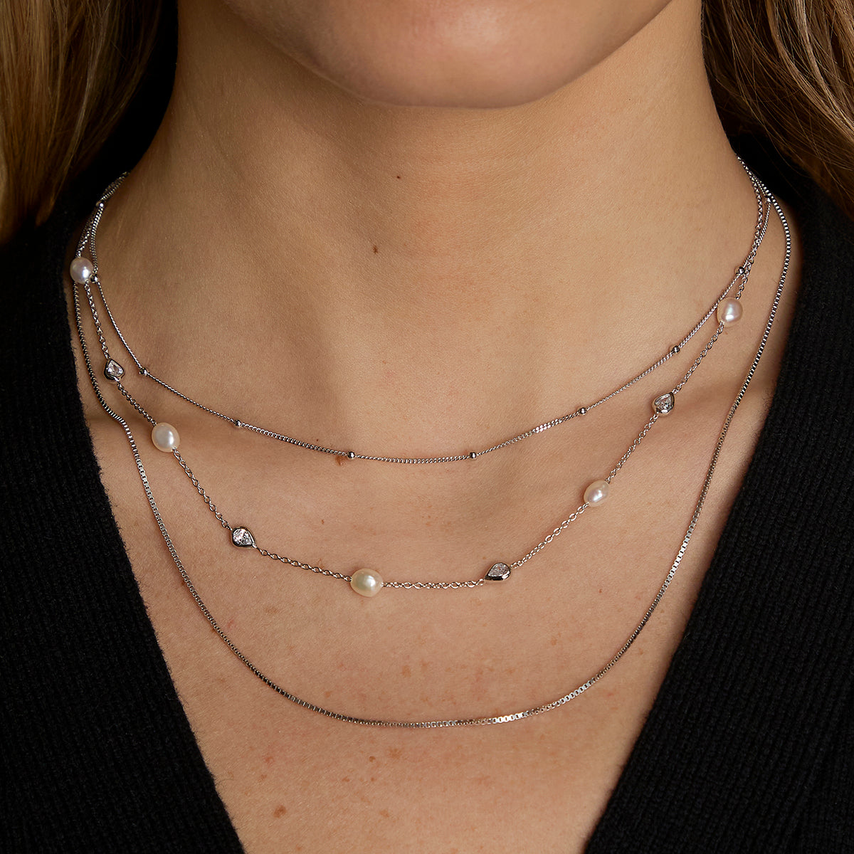 Essential Pearl Necklace Stacking Set in Silver-Astrid &amp; Miyu