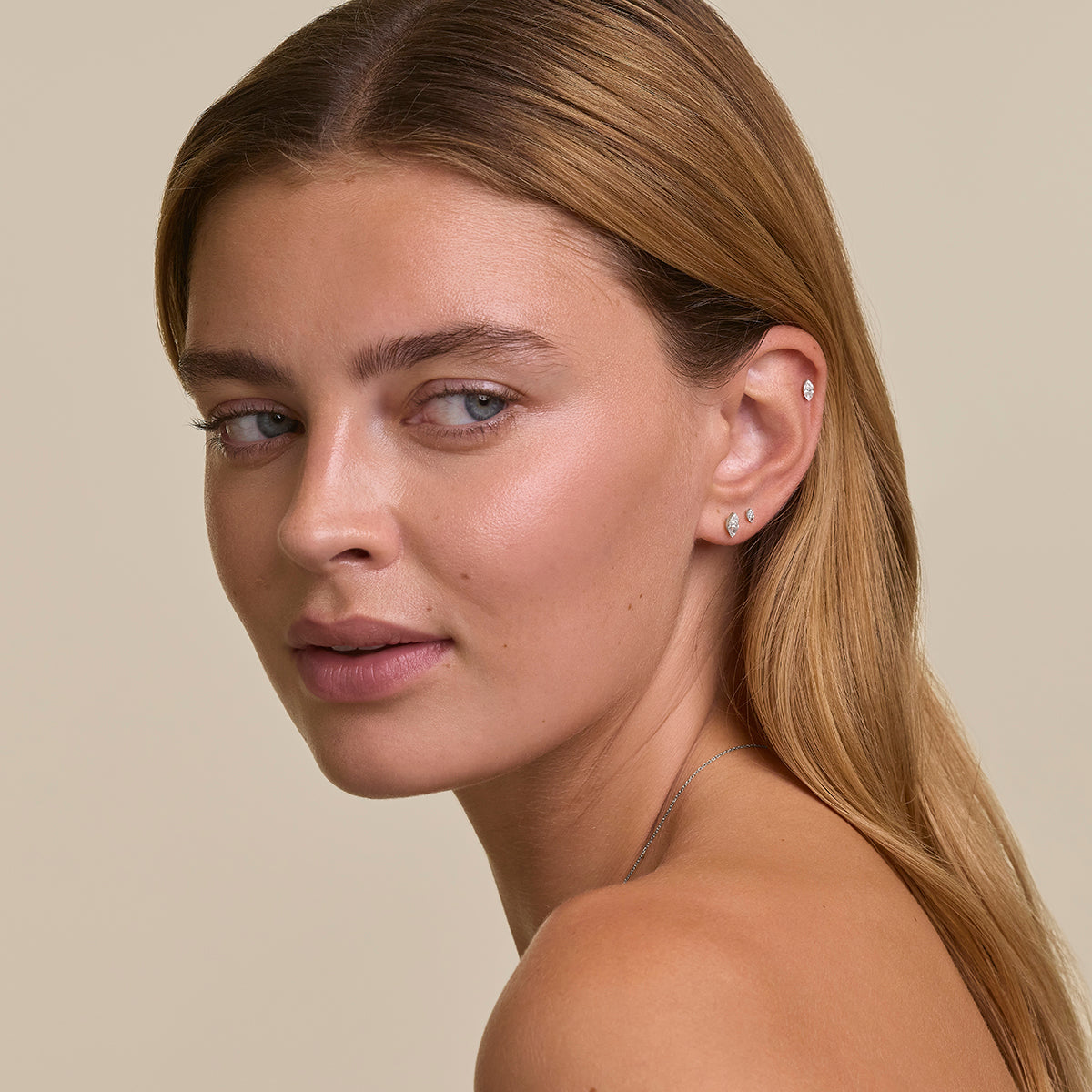 Floating Marquise Diamond Piercing Stud in Solid White Gold