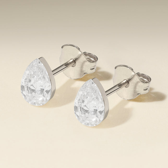 Floating Pear Diamond Stud Earrings in Solid White Gold