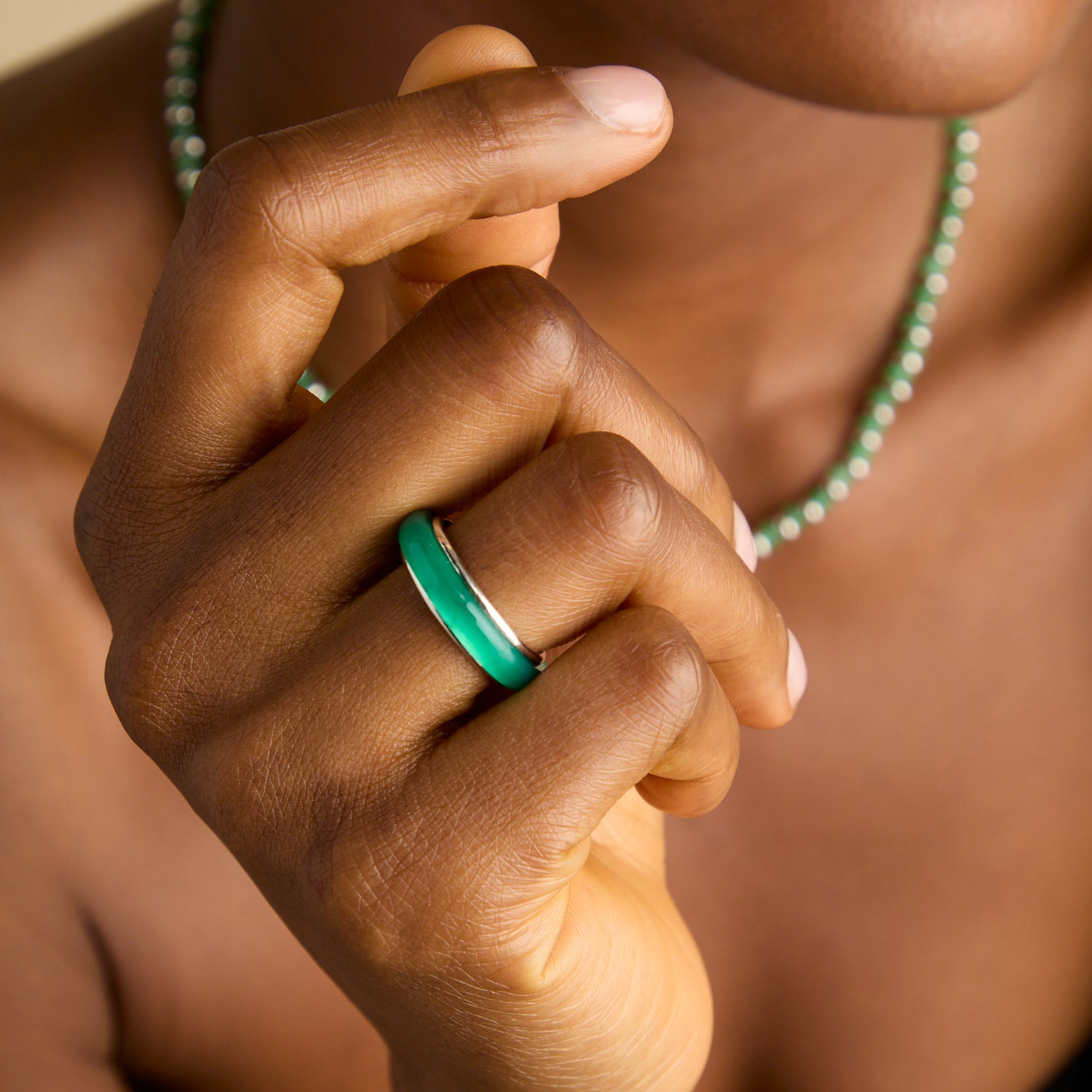 Gemstone Jewellery - Green Onyx Carved Stone Ring in Silver - Stone Rings - Astrid &amp; Miyu