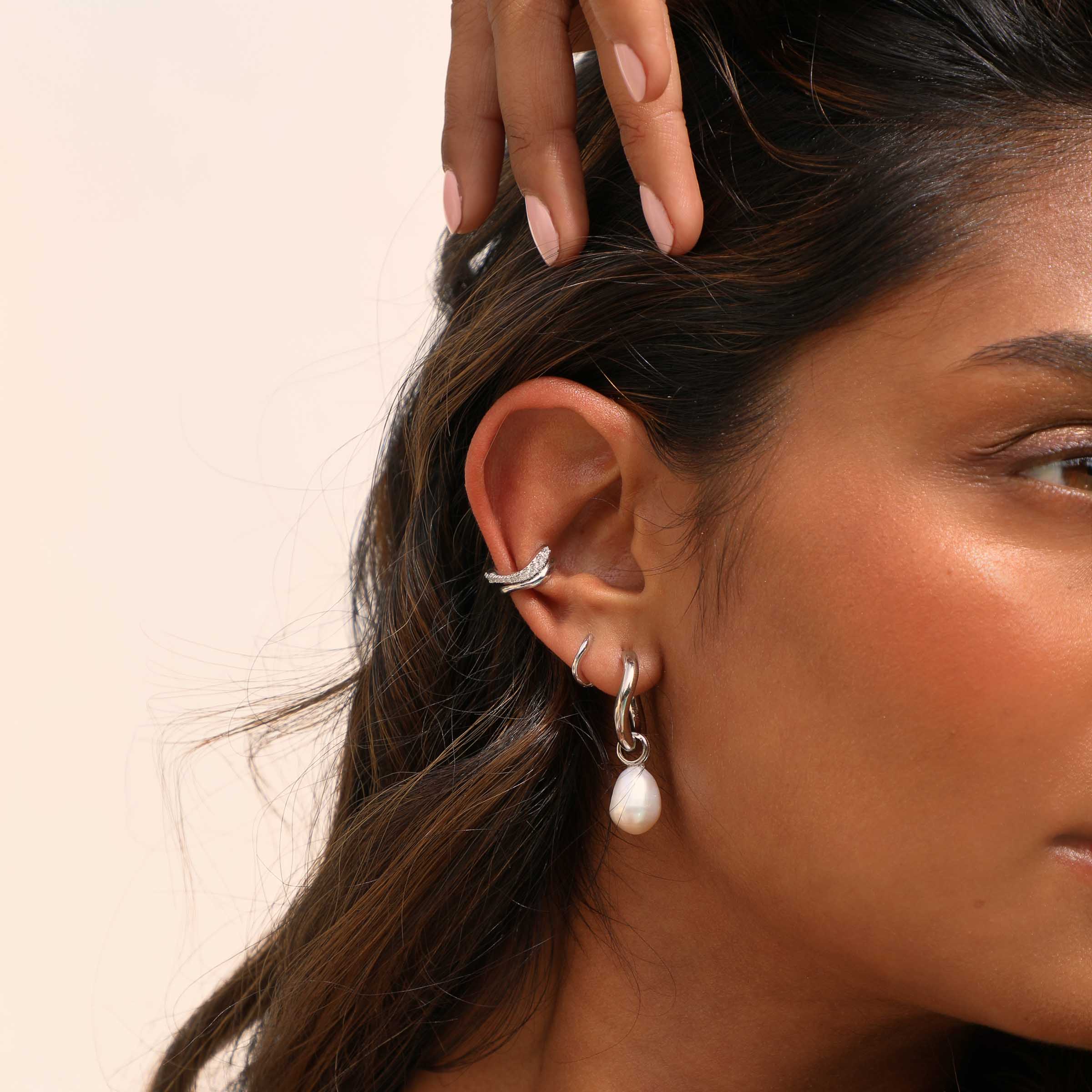 Pearl Charm Silver Hoops | Astrid & Miyu Earrings