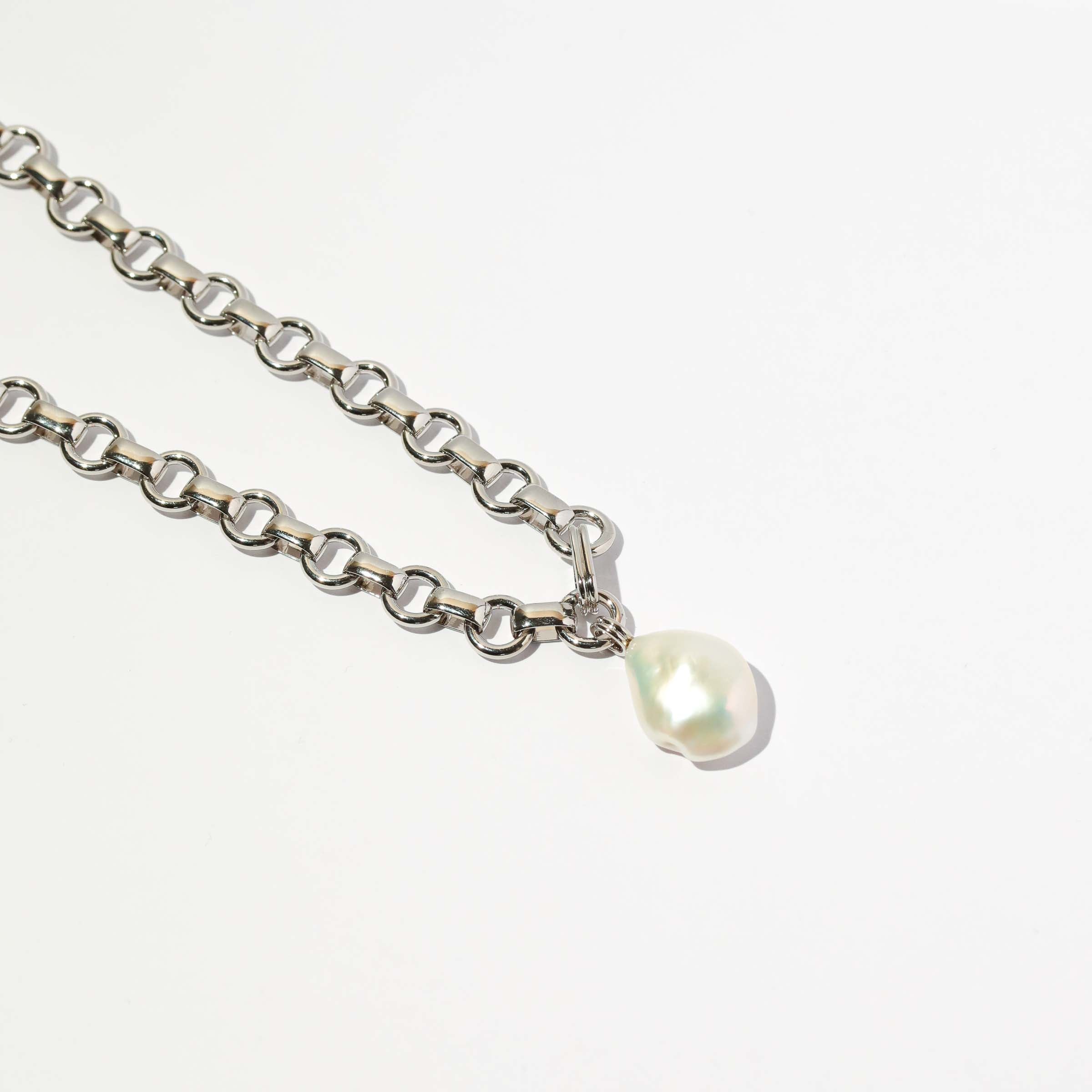 Serenity Pearl Link Chain Necklace in Silver flat lay