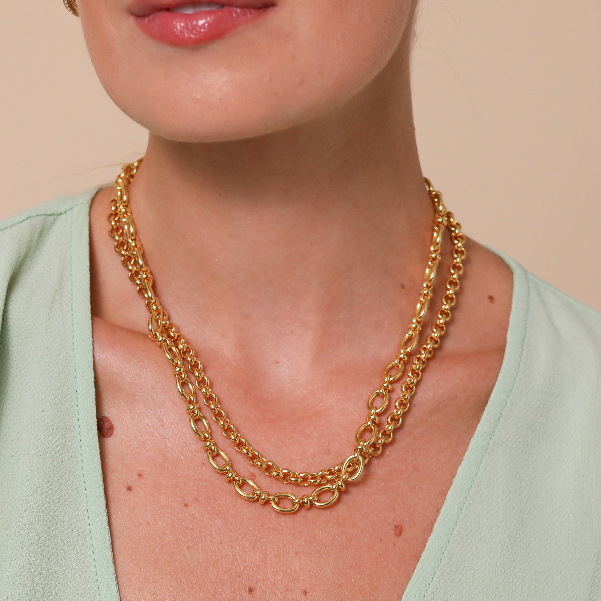 Rolo Chain Necklace in Gold worn layered