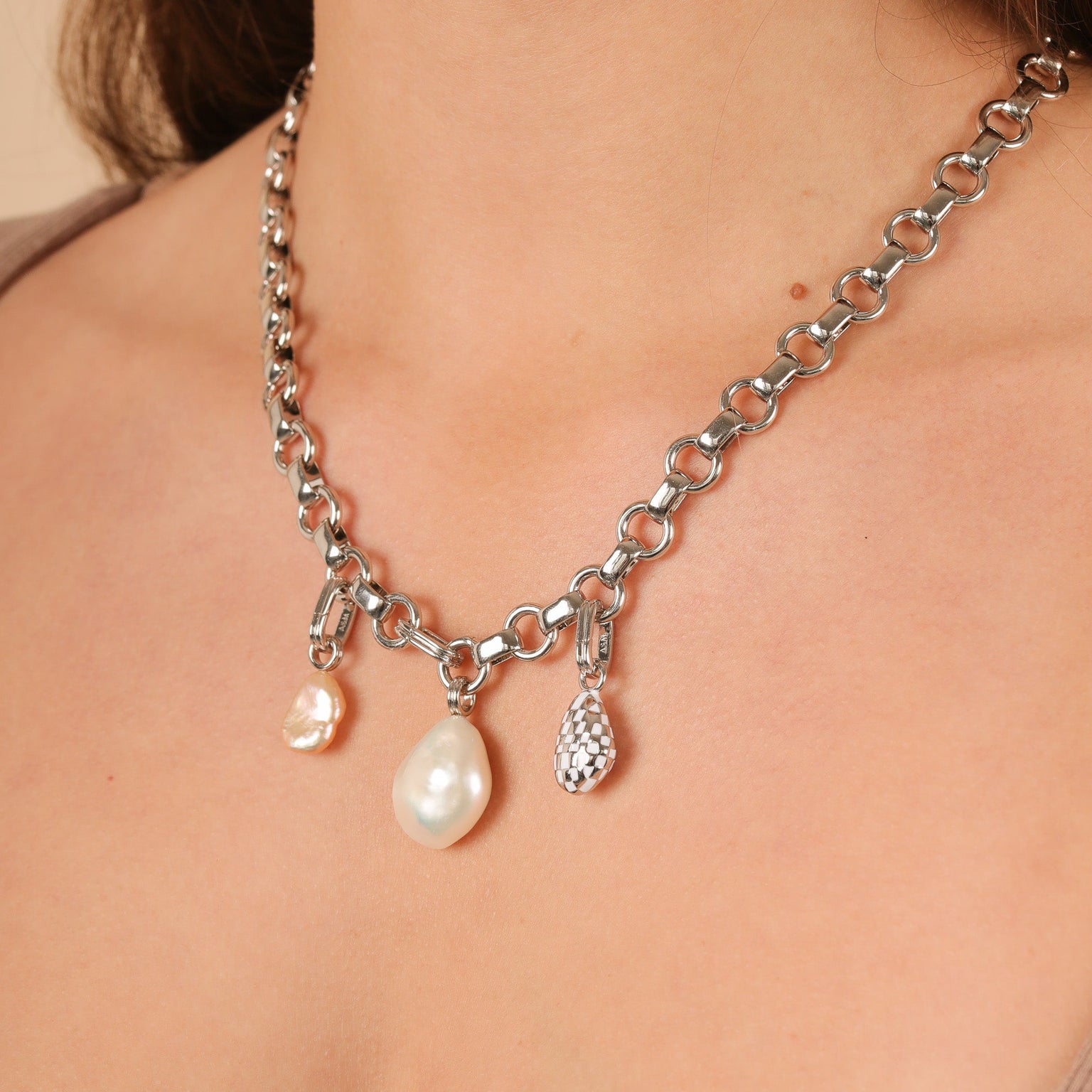 Serenity Pearl Link Chain Necklace in Silver