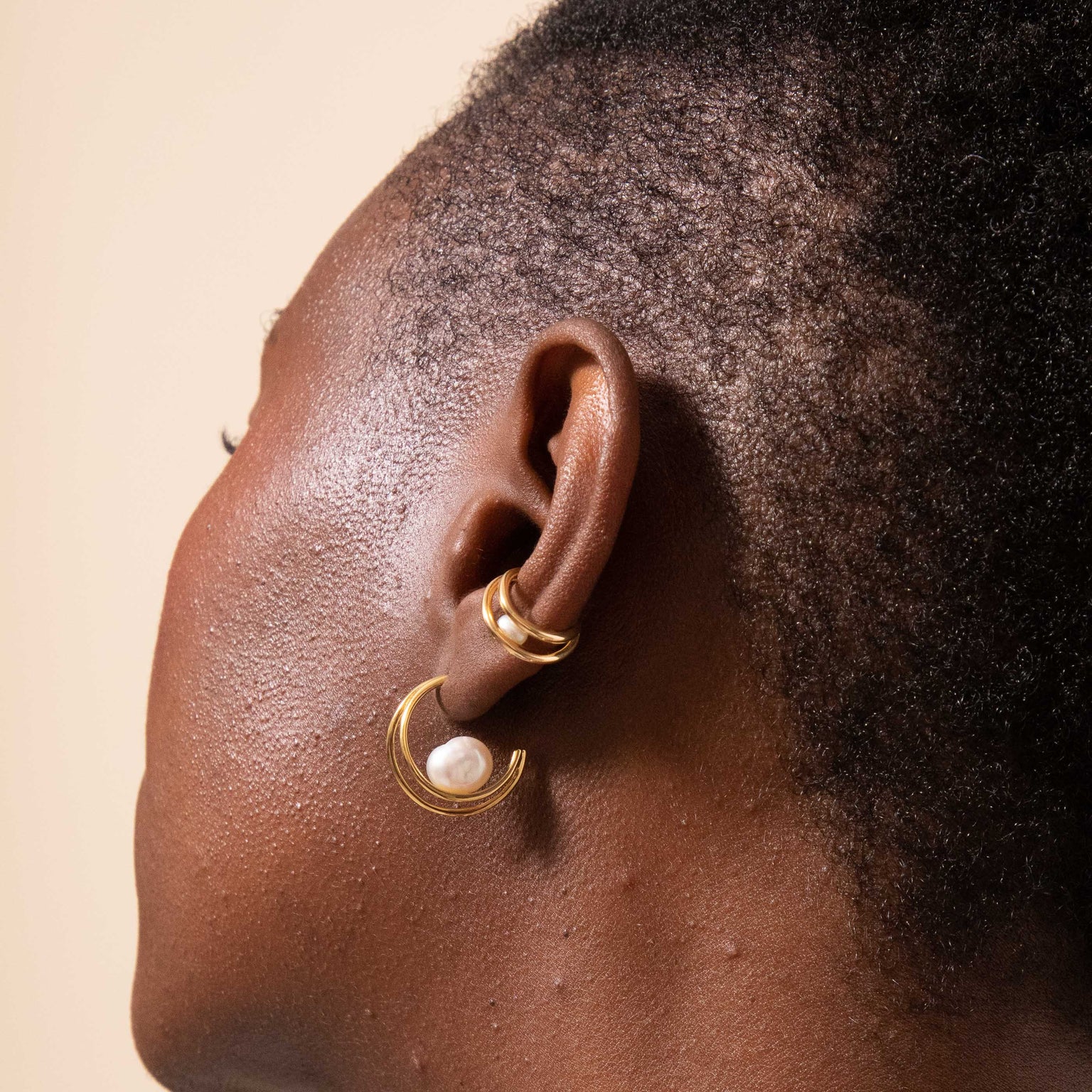 Opulent Pearl Hoops in Gold worn with Pearl Ear Cuff