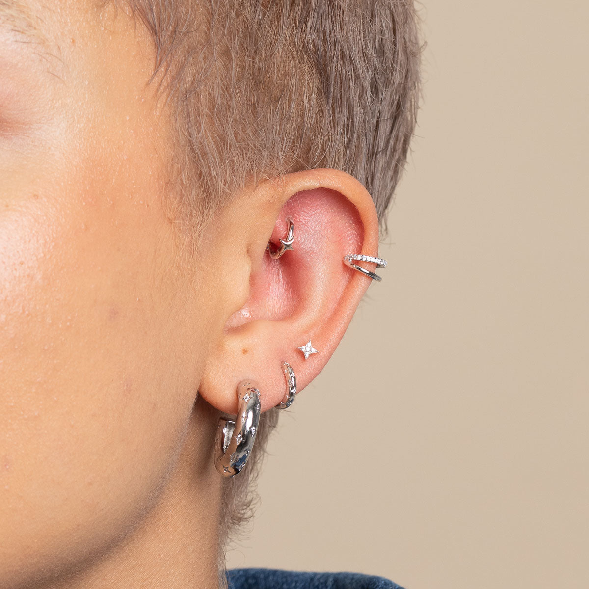 Gemstone Jewellery - Cosmic Star Rook Hoop in Solid White Gold - Daith Piercing Hoop - Astrid &amp; Miyu