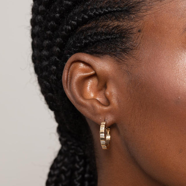 Pleated Crystal Hoops in Gold worn