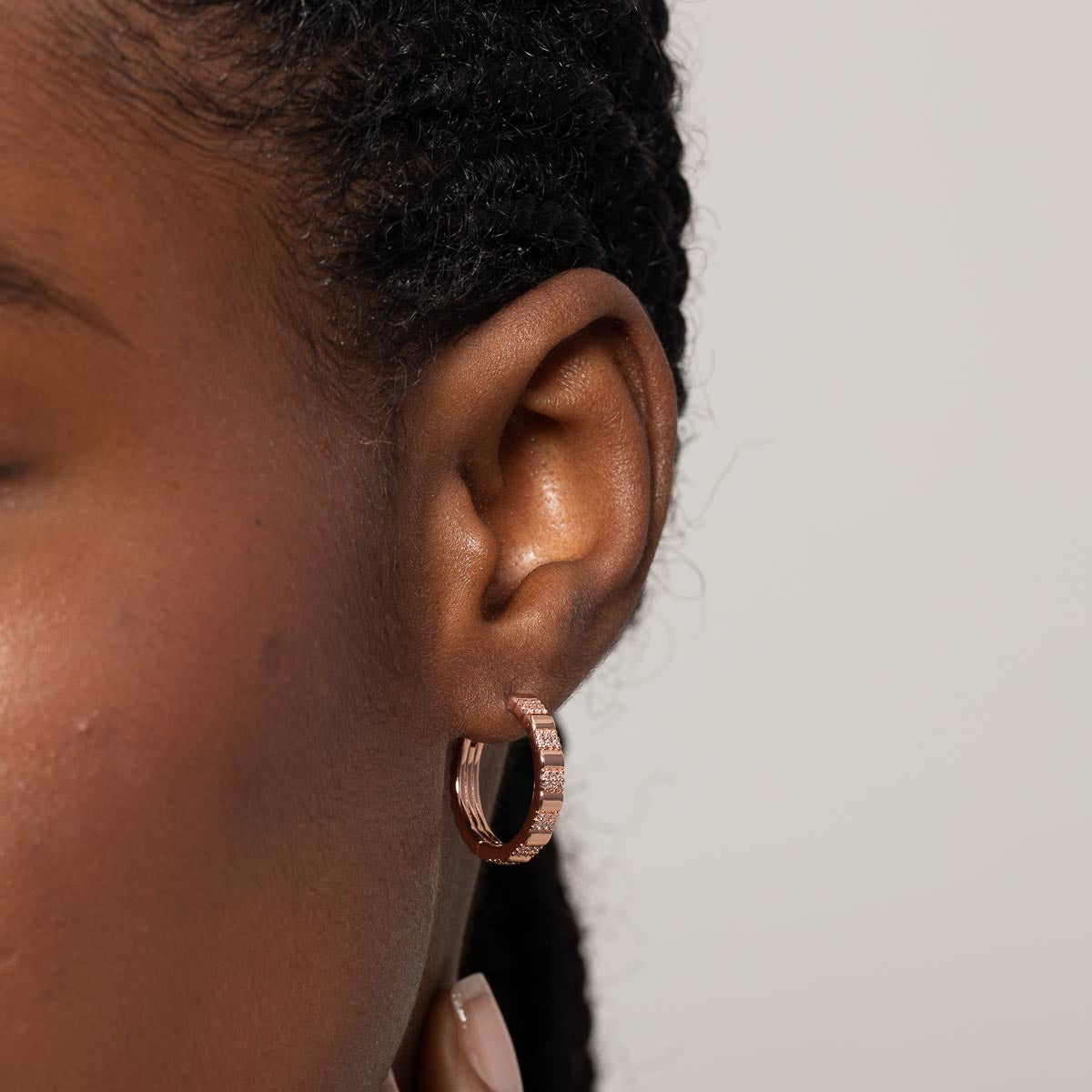 Pleated Crystal Hoops in Rose Gold worn
