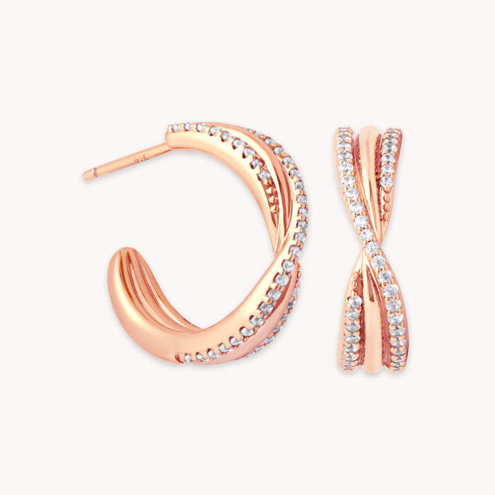 18k Rose Gold Plated Jewellery - Twist Pavé Hoops in Rose Gold - Hoop Earrings - Astrid &amp; Miyu