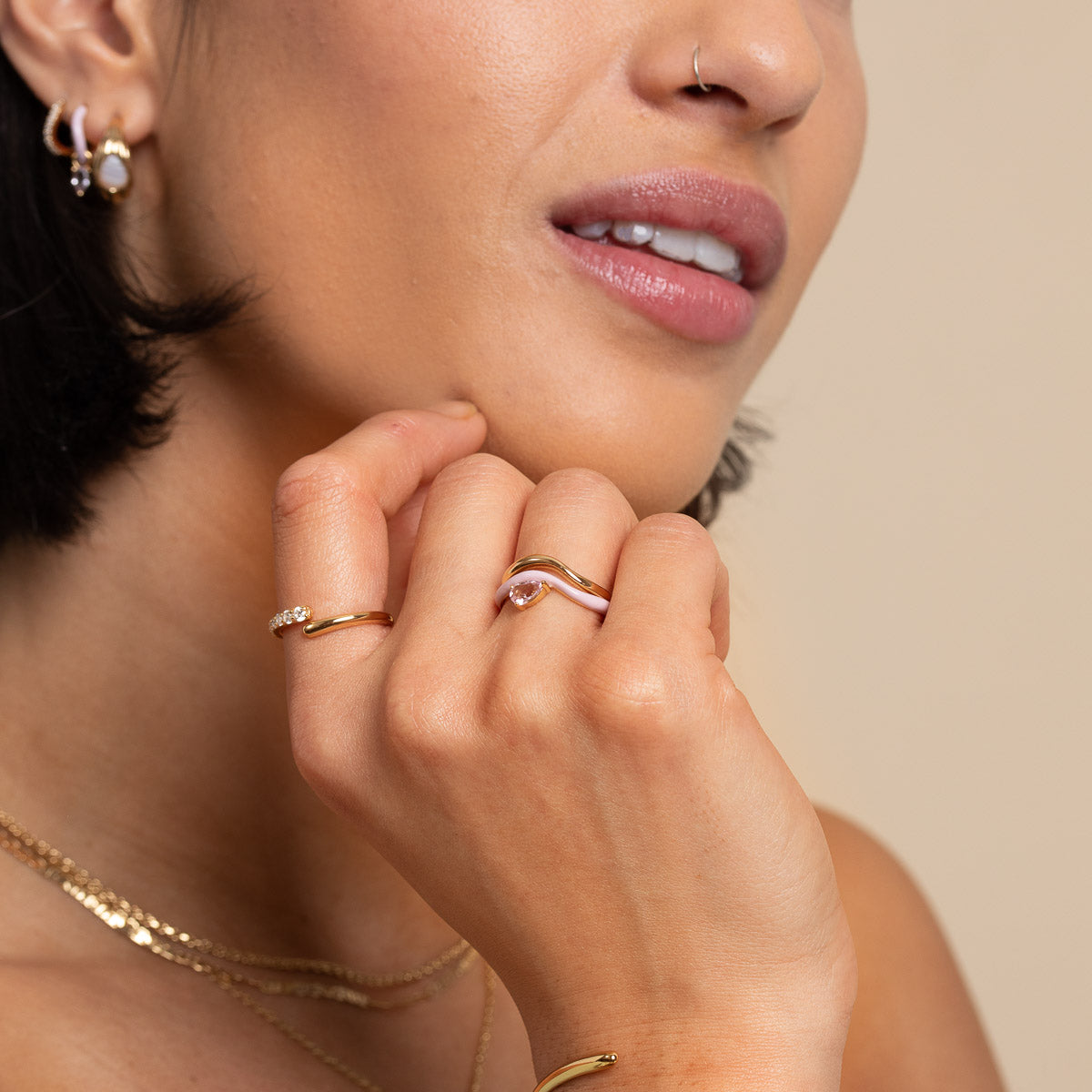 18k Gold Plated Jewellery - Amethyst Enamel Wave Ring in Gold - Stacking Ring - Astrid &amp; Miyu