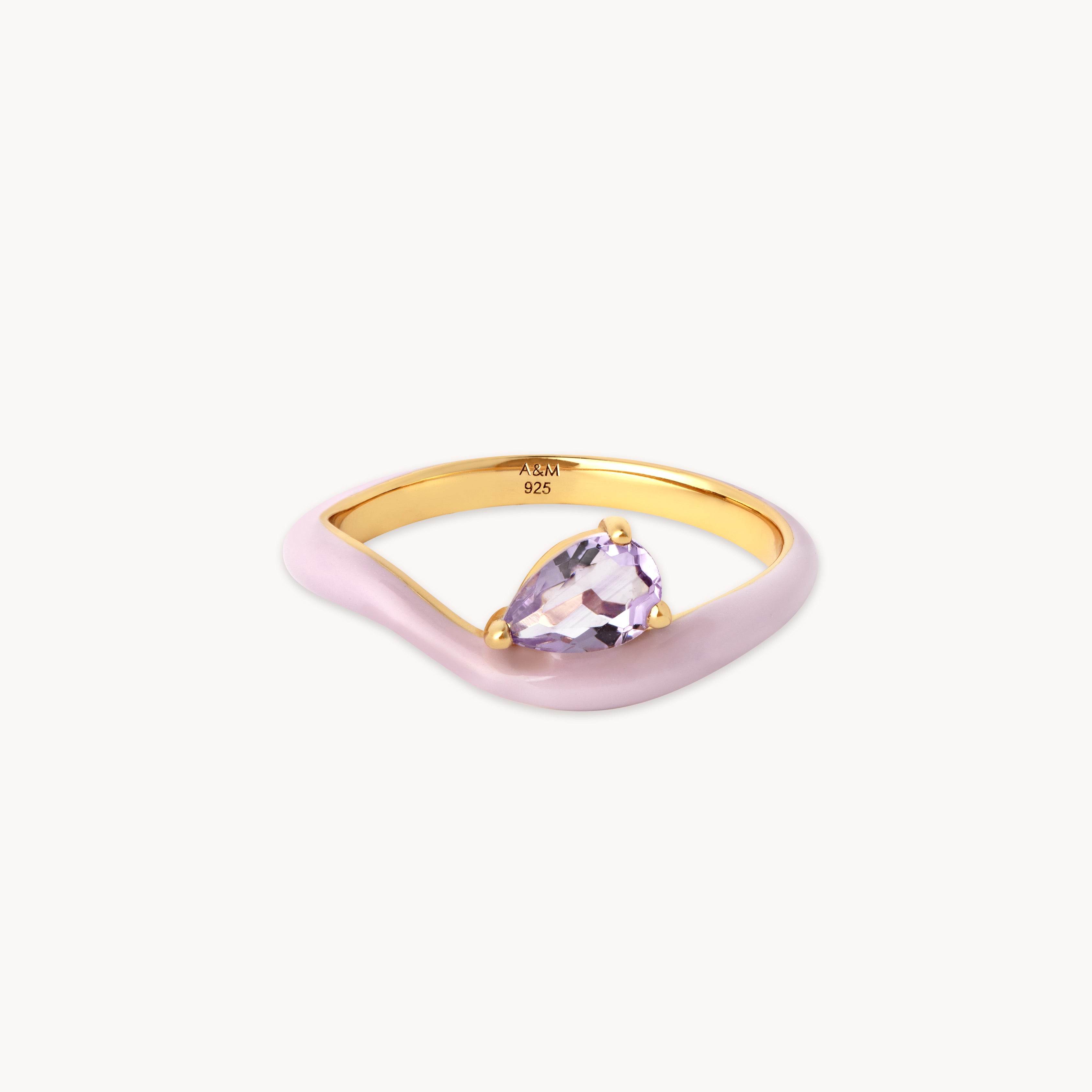 18k Gold Plated Jewellery - Amethyst Enamel Wave Ring in Gold - Stacking Ring - Astrid &amp; Miyu