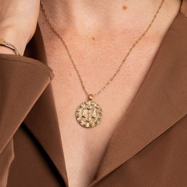 Libra Bold Zodiac Pendant Necklace in Gold worn