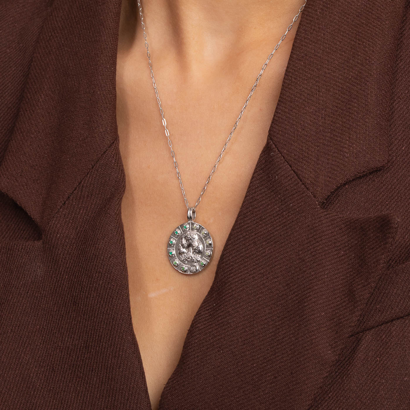 Virgo Bold Zodiac Pendant Necklace in Silver worn