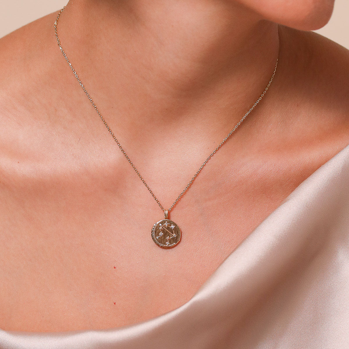 Libra Zodiac Pendant Necklace in Gold worn