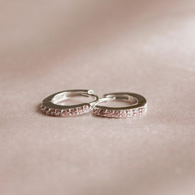 Birthstone Earrings - October Birthstone Huggies in Silver with Pink Tourmaline CZ - Huggies - Astrid & Miyu