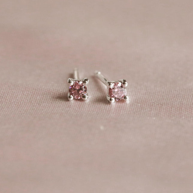 Birthstone Stud Earrings In Silver - October Birthstone Stud Earrings in Silver with Pink Tourmaline CZ - Stud Earrings - Astrid & Miyu