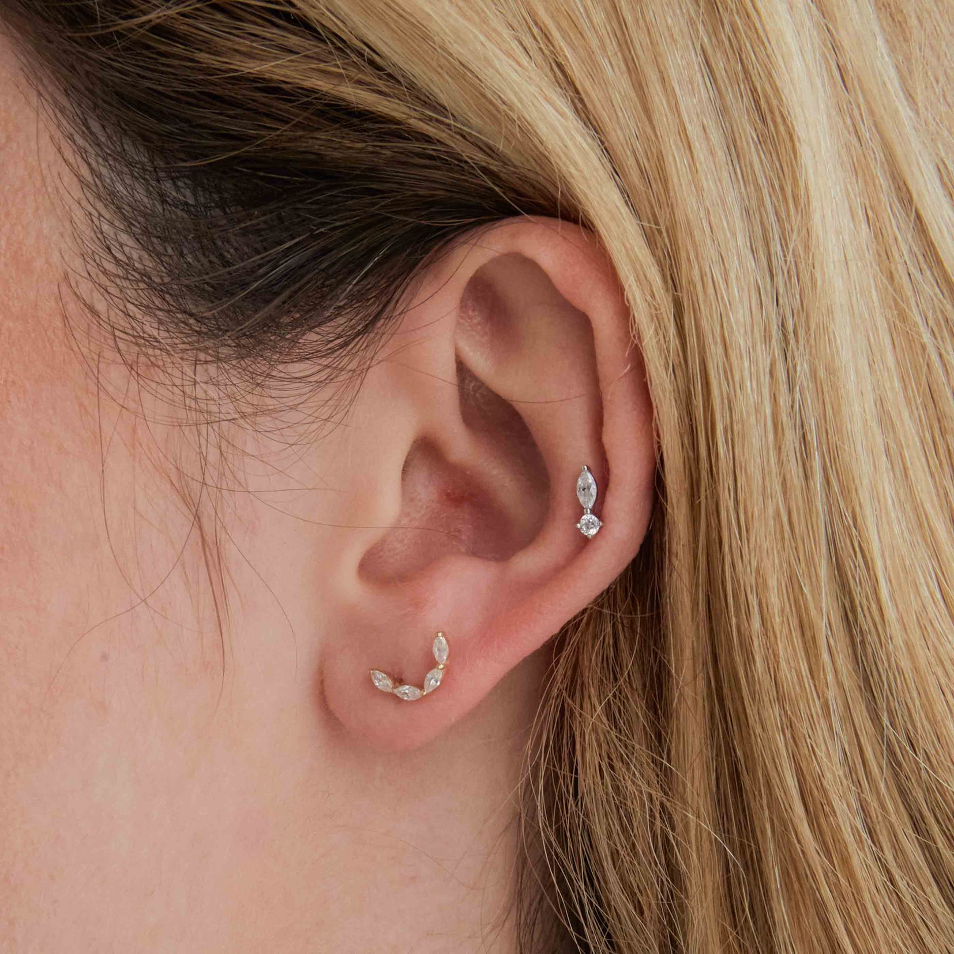Conch Piercing Jewellery - Solid Gold Crystal Curved Piercing Stud - Piercing Stud - Astrid &amp; Miyu