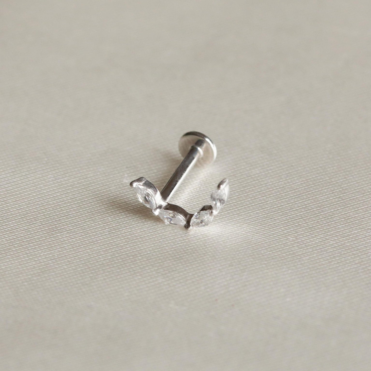 Solid White Gold Crystal Curved Piercing Stud