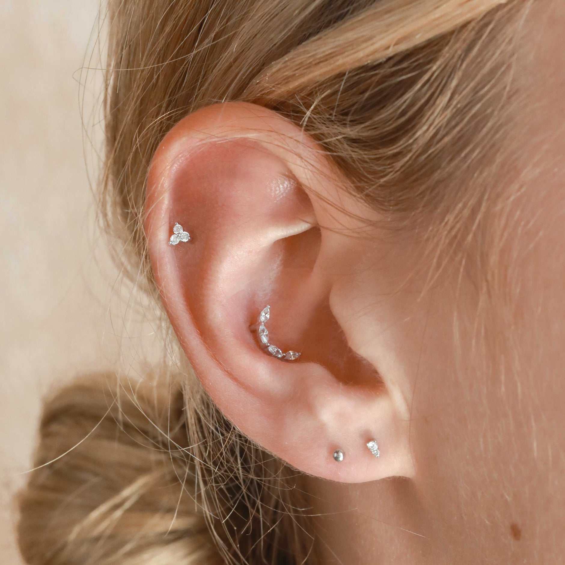 Solid White Gold Crystal Curved Piercing Stud