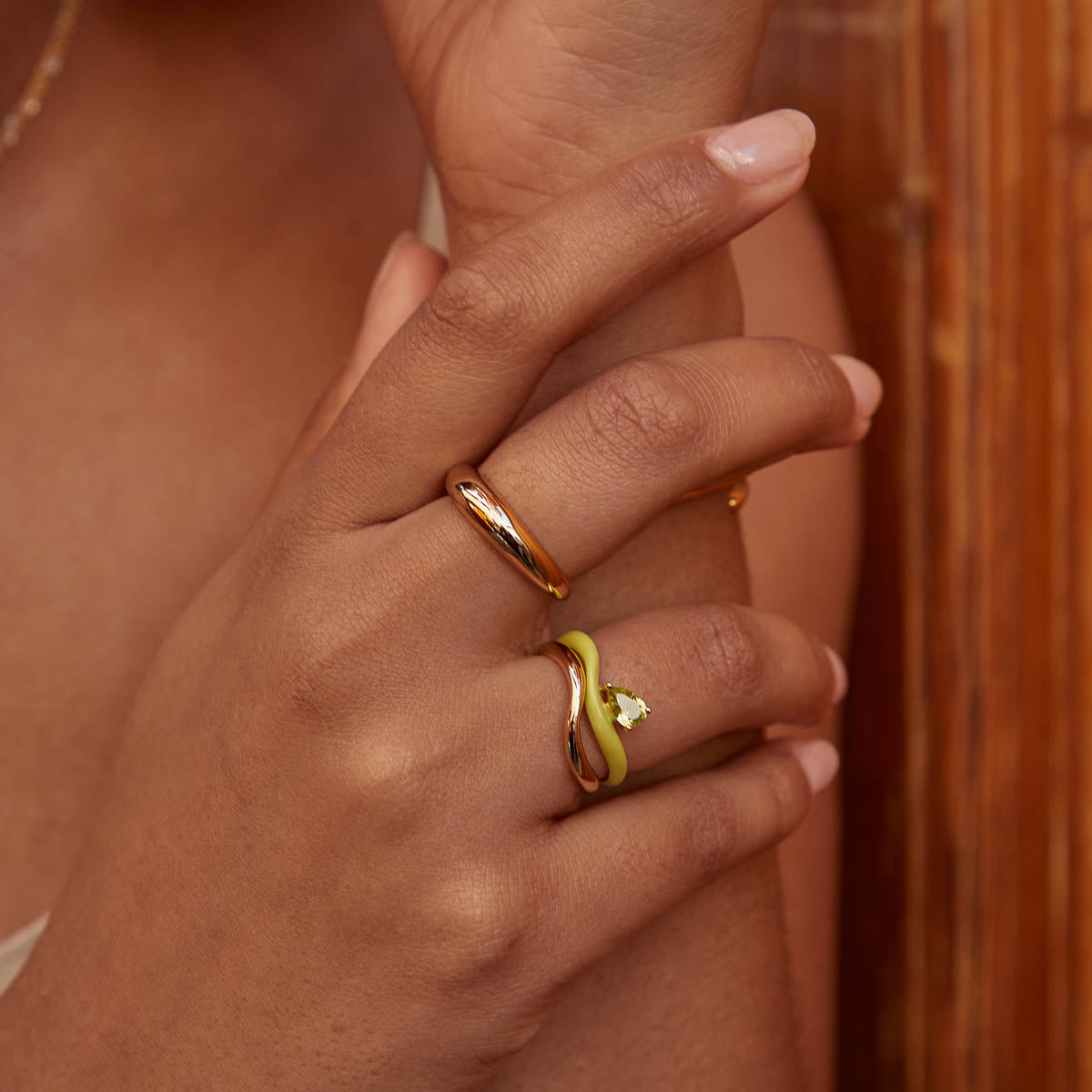 18k Gold Plated Jewellery - Olivine Enamel Wave Ring in Gold - Rings - Astrid &amp; Miyu