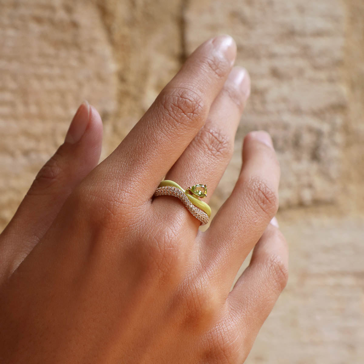 18k Gold Plated Jewellery - Olivine Enamel Wave Ring in Gold - Rings - Astrid &amp; Miyu