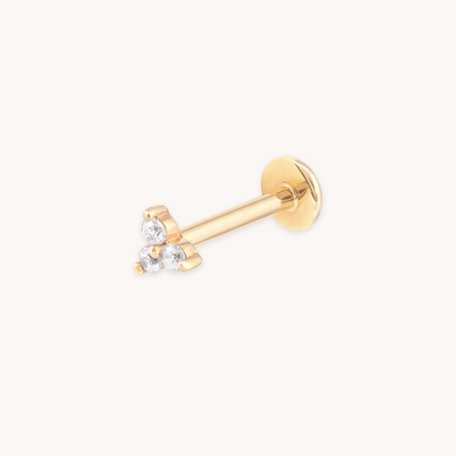 SOLID WHITE GOLD TRIPLE CRYSTAL PIERCING STUD CUT OUT