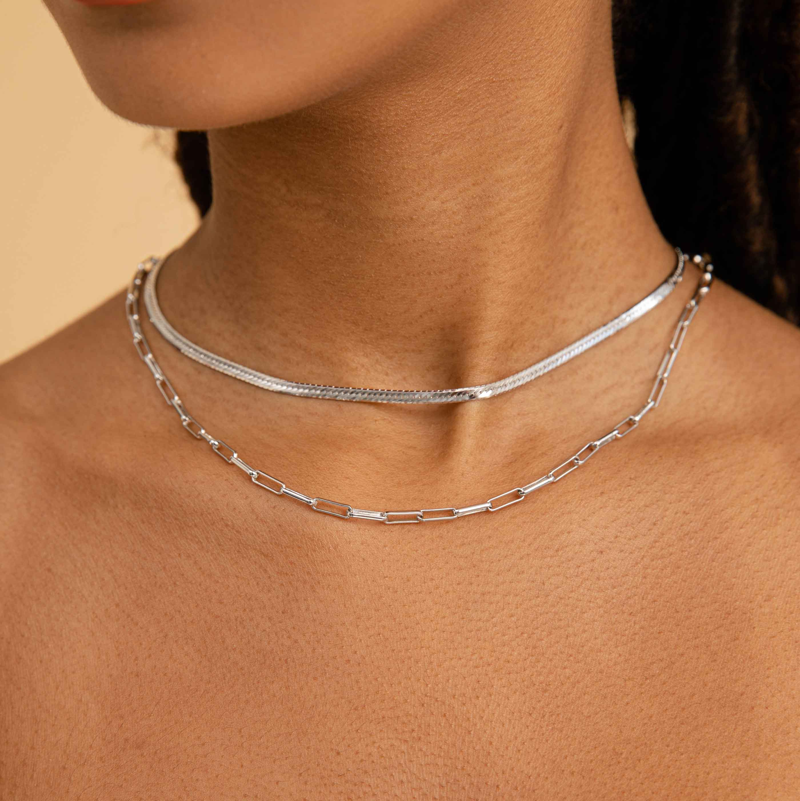 Snake Chain Necklace in Silver worn with long link chain necklace