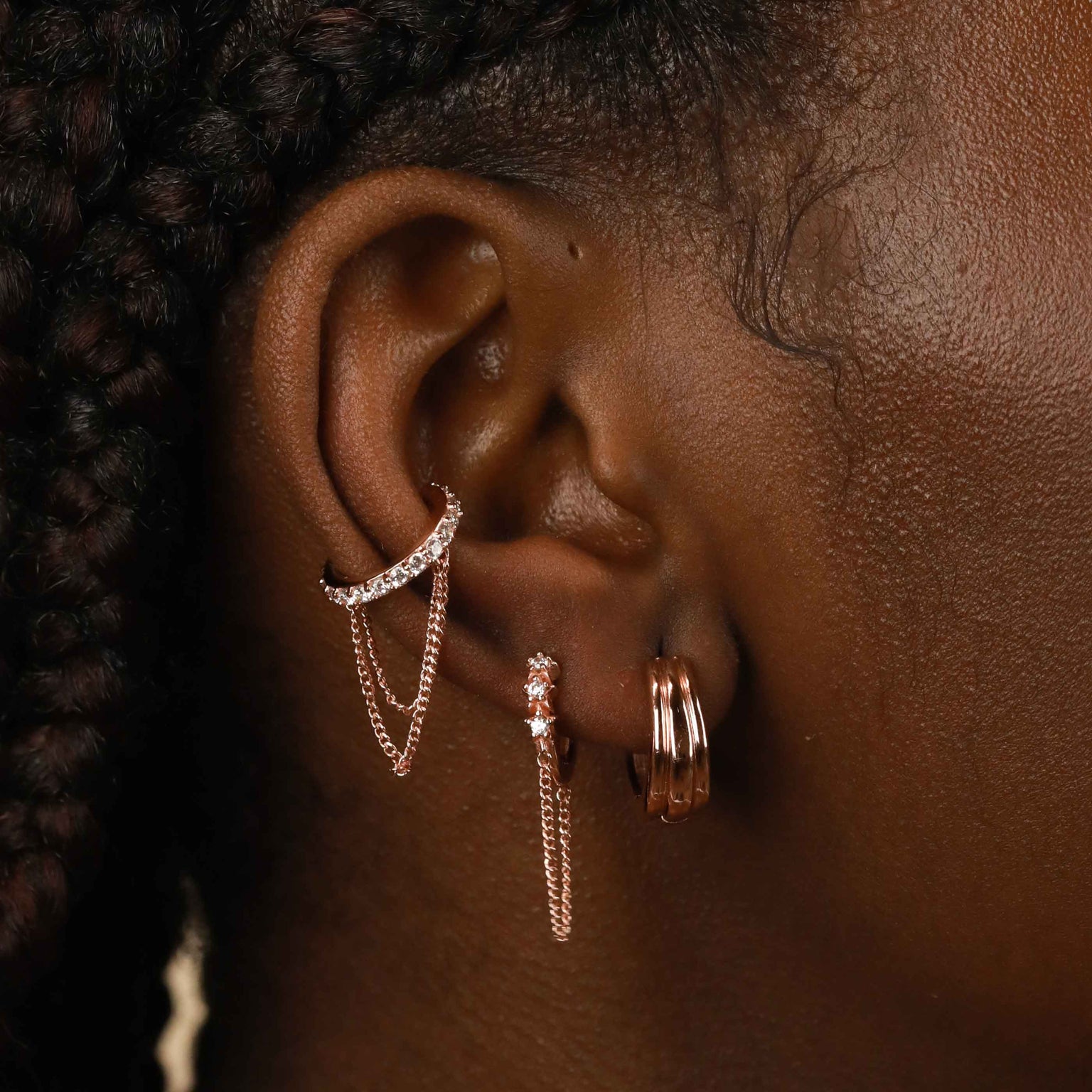 18k Rose Gold Plated Jewellery - Crystal Chain Ear Cuff in Rose Gold - Ear Cuffs - Astrid &amp; Miyu