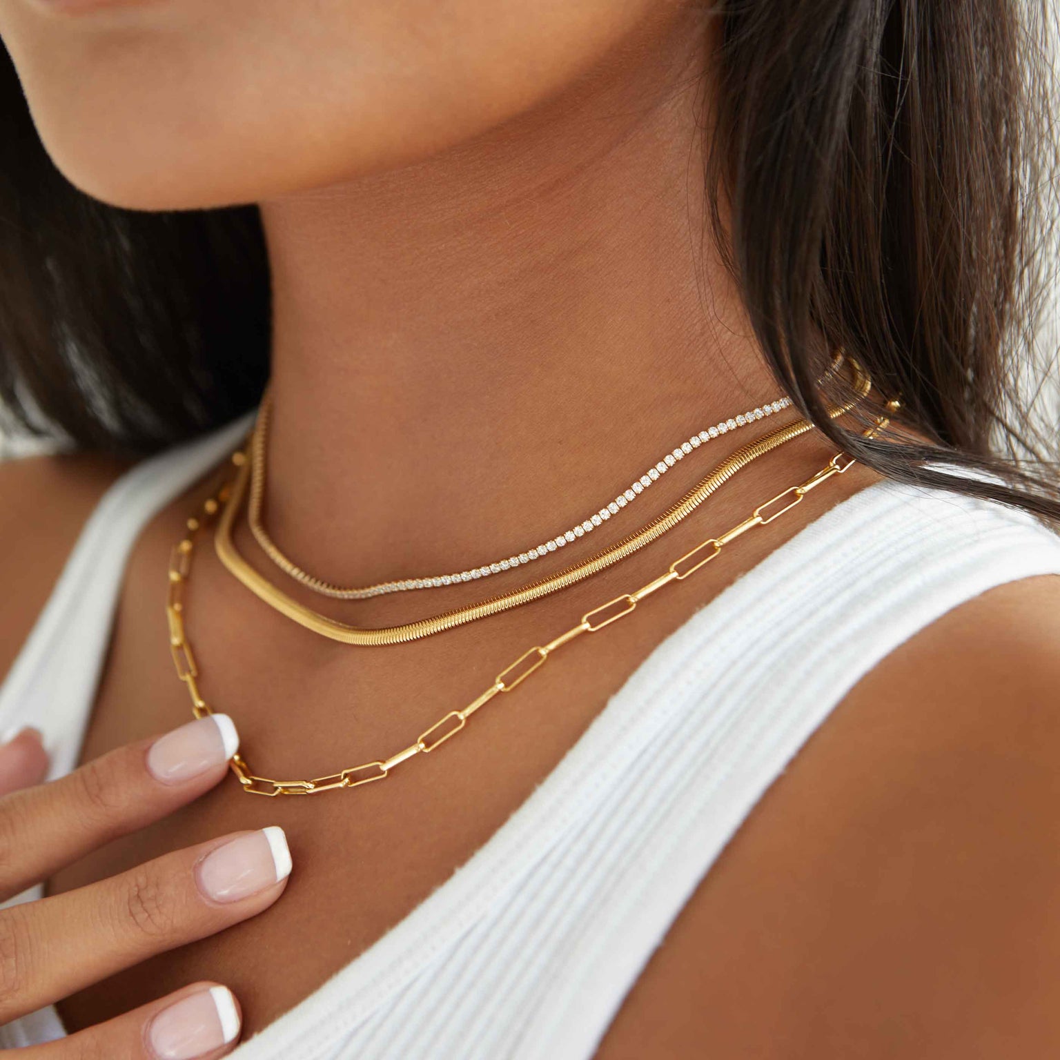 worn shot of Oval Snake Chain Necklace in Gold