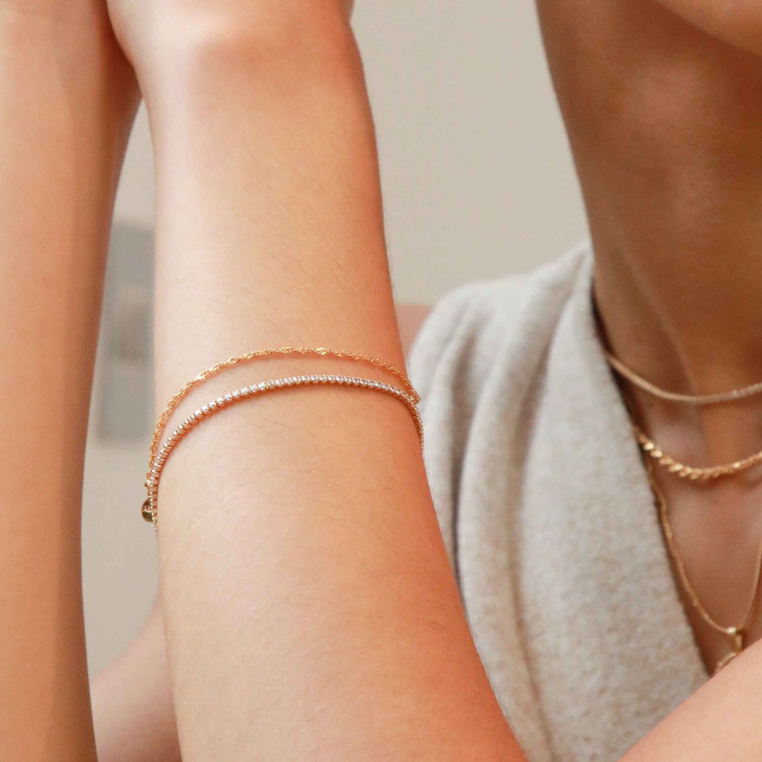 Tennis Chain Bracelet in Gold worn