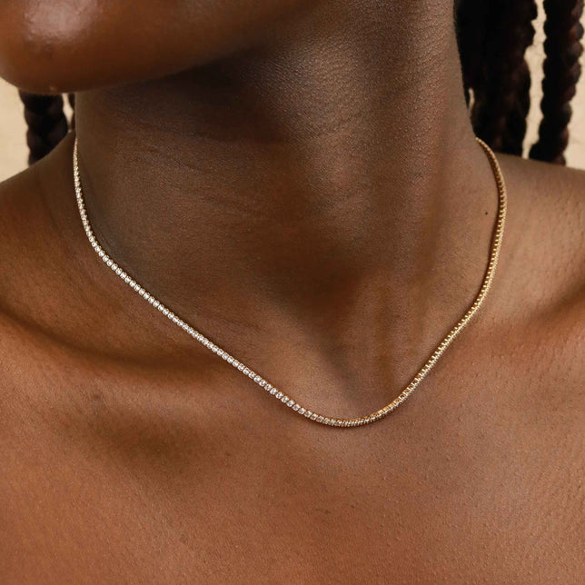 Tennis Chain Necklace in Gold worn