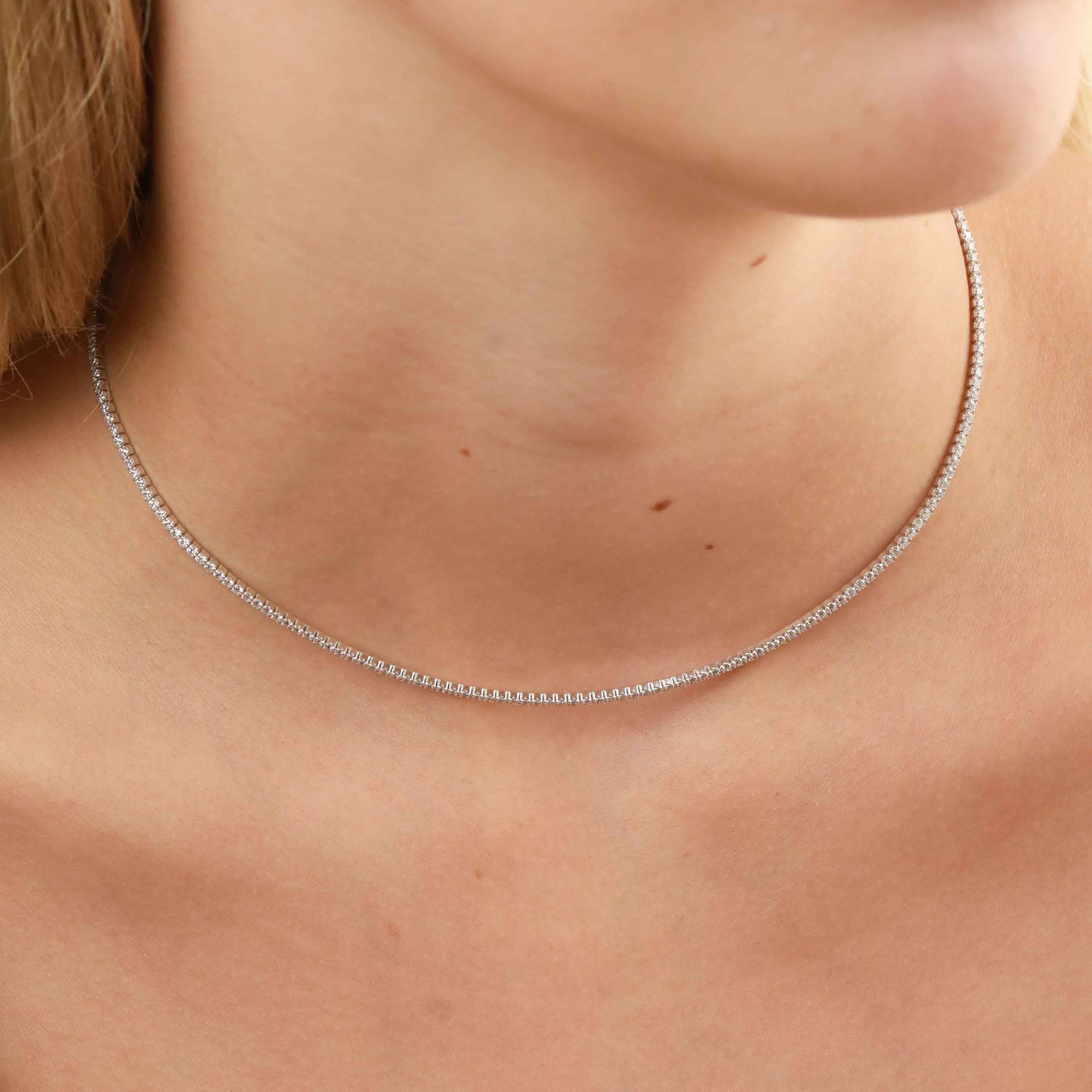 Tennis Chain Necklace in Silver worn